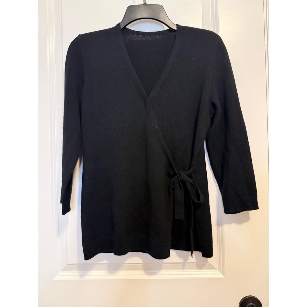 Talbots 100% Pure Cashmere Faux Wrap Cardigan Women M Black V-Neck Soft